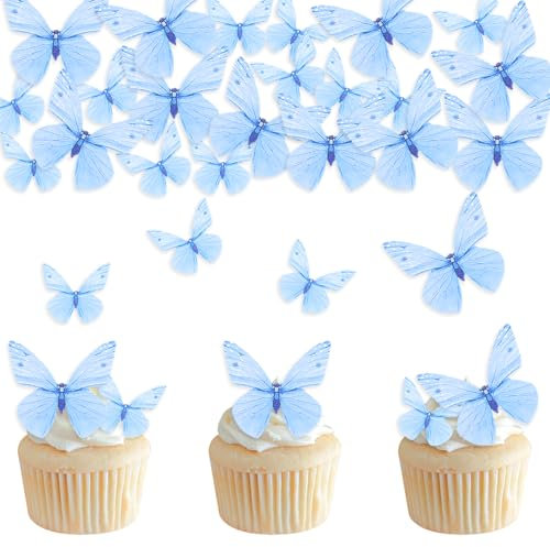 DazzJoy 72 Stück Schmetterlinge Tortendeko Essbar, Blau Cake Topper, Esspapier für Geburtstag, Hochzeit und Torte