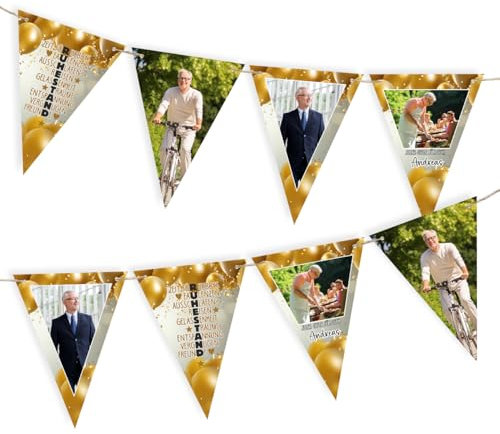 Herz & Heim® Foto Girlande zum Rentenbeginn, witzige Geschenkidee für angehende Ruheständler, personalisiert (Ruhestand - Gold)