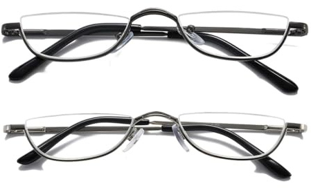 Hubeye 2 Pack Halbmond Lesebrille aus Metall für Damen und Herren Halbrahmen Lesehilfe Ultraleichte Federscharnier Schmal Sehhilfe 2.00