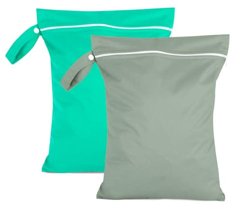 Moorle 2 Stück Nassbeutel 40 x 30 cm, Wasserdichter Wäschesack Grau & Grün, Wiederverwendbarer Reise Nasssack mit Reißverschluss, Klein Nasstasche Schwimmen für Badeanzüge, Strandtücher, Windeln