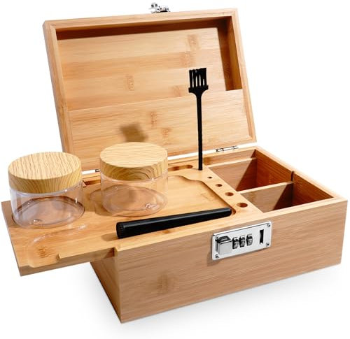 Luqixcey Large Bamboo Storage Box with Combination Lock, Decorative Box Set with Removable Tray, Brush & 2 Storage Jars for Home, Premium Storage Box Set with All Accessories, Perfect for Any Home