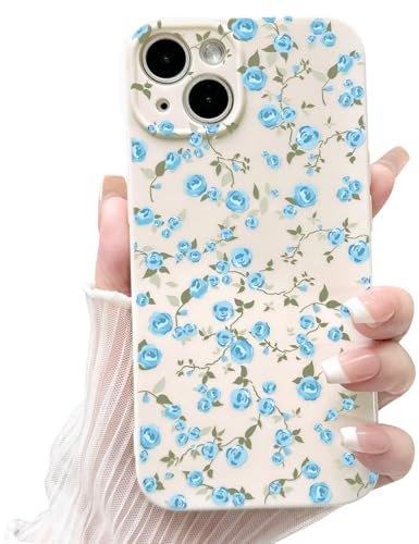 NITITOP Coque pour iPhone 13 Fleur Mignonne pour Femmes Filles Floral Rose Conception Vintage Antichoc Doux Mince TPU Mode Couverture de Protection - Bleu Pale
