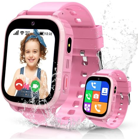 Smartwatch Kinder 4G, IP68 Wasserdicht Smartwatch Kinder GPS und Telefon, Kinderuhr mit GPS Videoanrufe Voice Chat SOS Spiele Kamera Taschenlampe Wecker, Geschenk für Mädchen und Jungen 3-12 Jahren