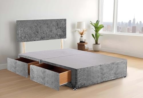 Grey Divan Double Bed Frame with Storage 2 Drawers (same side), 20 Inches high Plain Headboard Bed Frame | Divan Bed Frame with Crush velvet Fabric | 4FT6 Double Bed Base