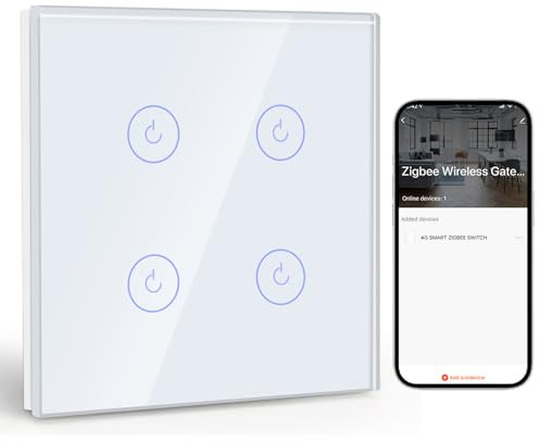 BSEED Smart ZigBee Interruptor 4 Gang 1 Vía, Interruptor de Pared Inteligente con Alexa y Google Home, Interruptor Táctil (Cable Neutro, Hub Gateway necesario) Blanco