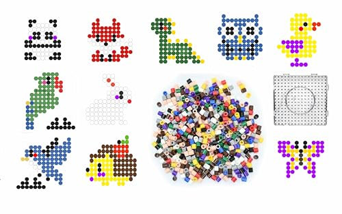 1000 Maxi XL 10mm Bügelperlen Set Tiere, 1 Maxi Stiftplatte, 1000 Bunte Bügelperlen, 10 Papiervorlagen, 5x Bügelpapier