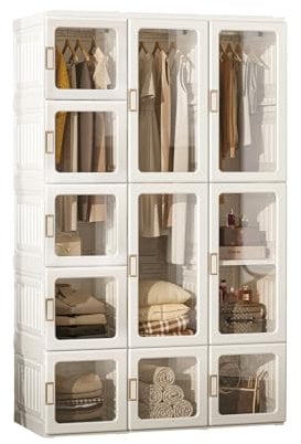 MAYIBOX Zusammenklappbarer Kleiderschrank,104x170x50cm, schnelle Montage, vielseitiger Schrank mit Kleiderstange und Magnettüren, perfekt für Schlafzimmer und Wohnzimmer, weiß transparente Türplatte