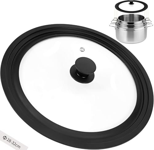 Zocipro Universal Lid for Pots, Pans and Skillets, Silicone Lid for Frying Pans Fits 28/30/32cm Diameter Cookware, Tempered Glass with Heat Resistant Silicone Rim (Black)