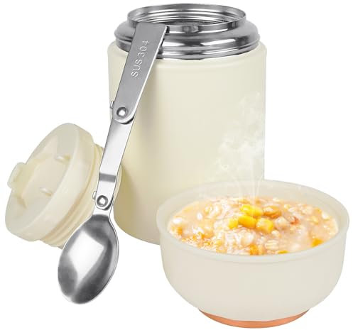 ICEBLUEOR 500ml Food Flask for Hot Food, Portable Soup Flask with Handles, Stainless Steel Thermal Food Container with Folding Spoon, Double Walled Thermos Lunch Box for Kids School Office Picnic