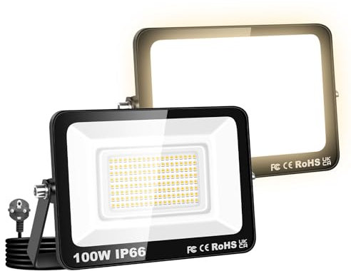 Willpower 2PCS Projecteurs LED Extérieur Avec Prise, Spot LED 100W 10000LM, 3500K Blanc Chaud, IP66 Etanche Eclairage Lumière de Sécurité pour Jardin Patio Garage Terrasse Maison