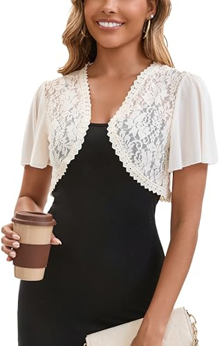 Enjyam Damen Bolero Festlich Elegant Spitzen Bolerojacke Kurzarm Jäckchen Leicht Schulterjacke zum Kleider beige,XXL