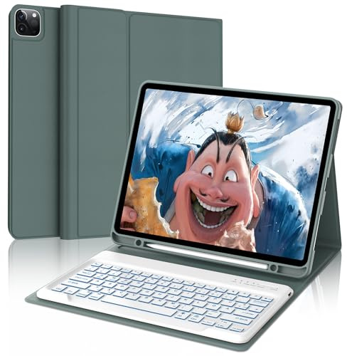 FOGARI Hülle mit Tastatur für iPad Pro 12.9 (6/5/4/3 Gen), 7 Farben Beleuchtung, Deutsches QWERTZ, Magnetisch Abnehmbarer Bluetooth Tastatur für iPad 12,9 Zoll, Dunkelgrün
