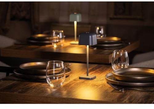 Olympia Lucca Cordless LED Table Lamp Squared Dome, Grey, 200mm | Rechargeable battery operation eliminates messy cords on busy dining surfaces, providing energy-saving illumination.