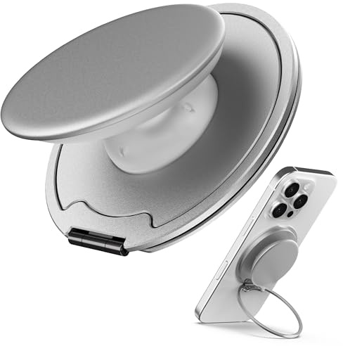 Sinjimoru Magnetischer Handygriff für MagSafe — 3000G Starke Haltekraft, Weiches Silikon, Metallplatte inklusive, iPhone 17/16/15/14/13, M-Tap Tok Ring Stand Silber