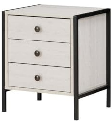 Swish Furniture Alva Bedside Table White Oak 3 Drawers, Nightstand, Side Table, Bedside Cabinet with Black Metal Frame, Bedroom Furniture, Storage Cabinet, 53H x 40D x 45Wcm