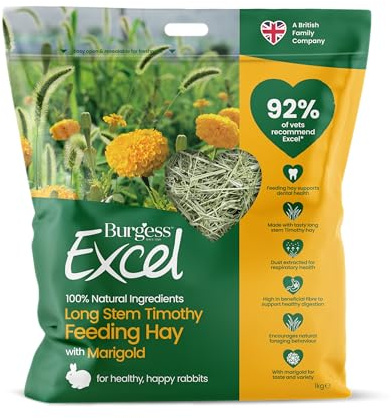Burgess Excel Long Stem Timothy Feeding Hay with Marigold, 1kg – Marigold Feeding Hay for Rabbits – Dust Extracted