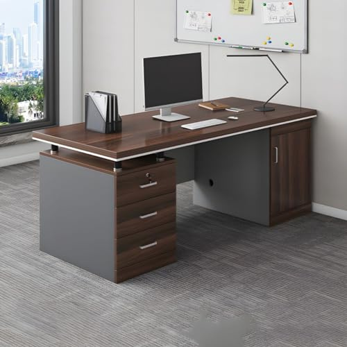 Chefschreibtisch aus braunem Holz mit Schrank und abschließbaren Schubladen im Lieferumfang enthalten – ohne Stühle, Computer, einfaches modernes Einzelbüro, langer Chef, 160 cm L x 69,9 cm B x 77,2 c
