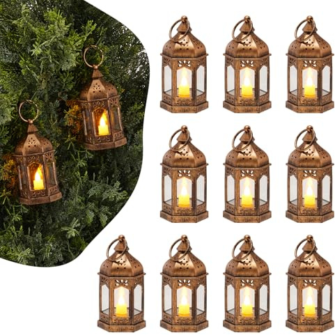 VEVOR Faroles Decorativos para Velas, Velas LED Eléctricas sin Llama, Soporte de Plástico con Cristal, en la Pared, para Porches, Mesas de Boda, Fiestas, Color Bronce, 65 x 65 x 128 mm, 12 uds