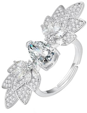 Ayoiow Frauen Ringe Weisgold 9K, Tropfenförmig Blattform mit Labordiamant und Diamant Hochzeitsringe Weißgold, Ring Damen Weisgold für Freundin