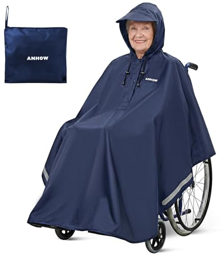Anhow Wasserdichte Rollstuhl Poncho - Universal Regencape Rollstuhl Erwachsene mit Schirm Windschutz Kapuze - Leichter Regencape für Rollstuhlfahrer - Robust & Wasserdicht, Marineblau, Einheitsgröße