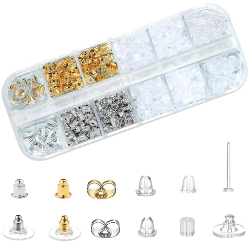 SKDFHOD 600 Stück Ohrring Verschlüsse 12 Stile Sichere Ohrring Rücken Stopper, Ohrringheber und Ohrläppchenhalter, Veiche Silikon Sicherheitsverschlüsse Ohrringstecker, für Haken Ohrringe Ohrstecker