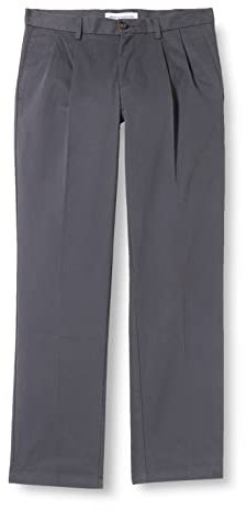 Amazon Essentials Men's Classic-Fit Wrinkle-Resistant Pleated Chino Trouser (Available in Big & Tall), Charcoal, 30W / 32L