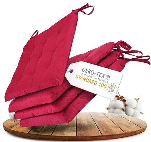 Gräfenstayn® 4er-Set Sitzkissen 40x40x3cm mit Haltebändern für Indoor und Outdoor mit Öko-Tex Siegel - (Fuchsia)