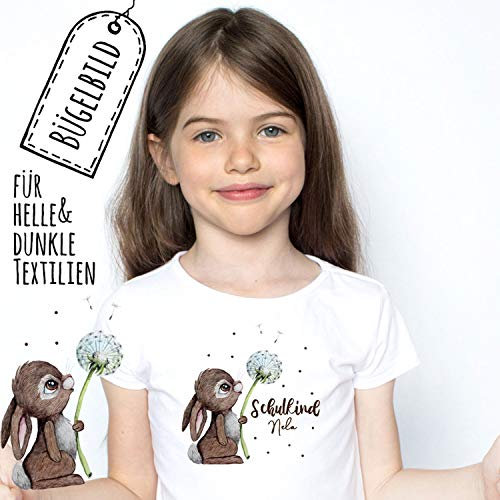 Bügelbilder zum Schulstart Hase mit Pusteblume & Wunschname Schulkind Applikation Kissen Shirt Taschen Bügelbild Patch in A5 bb186 ilka parey wandtattoo-welt®