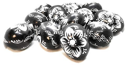 Ukrainisches-Kunsthandwerk® Holz Ostereier Handbemalt. Mit Aufhänger und Naturfaden für draußen.12 Stück (Schwarz)