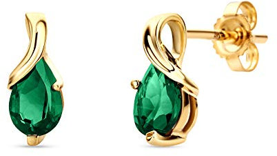 Orovi – Ohrringe Tropfenform aus 14 Karat Gelbgold (585) mit kreiertem Smaragd (0.68 ct) – Ohrstecker Gold Damen mit Edelstein in edler Krappenfassung – Allergenfrei & handgemacht (10 x 4.5 mm)