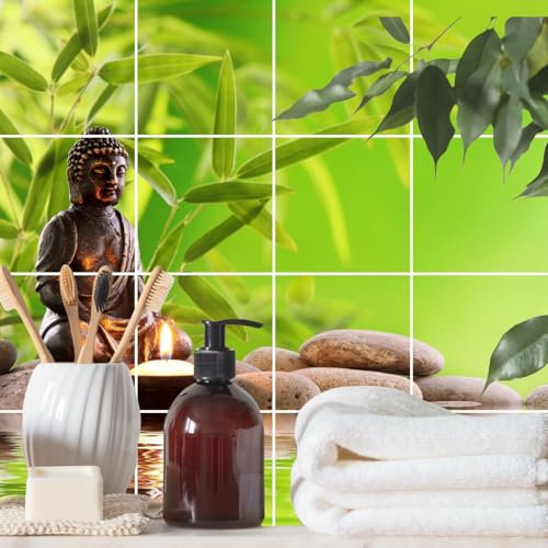 FoLIESEN Fliesenaufkleber - Deko-Bild für Bad, Küche, Badezimmer - Dekoration Fliesen-Bild selbstklebend - Buddha Zen Garten, Fliese - Bild (BxH):15x15 cm - 60x60 cm / 16-tlg.