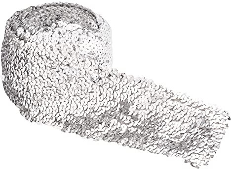 FINGERINSPIRE 5m Paillettenbesatz elastisches Paillettenband Flache Pailletten Pailletten-Spitzenbesatz 75mm silberfarbener Metallic-Stretchbesatz Paillettenbesatz zum Nähen von Kleiderstirnbändern
