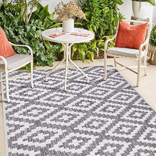 payé Outdoor Teppich Wetterfest - 280x380cm - Grau Weiß - Raute Gitter - Teppiche für Terrasse Balkon Garten Indoor