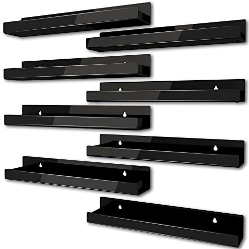 RORKIM 8 Pack 15 Inch Black Acrylic Shelves, Black Kids Floating Bookshelf for Kids Room, Modern Nail Polish Rack Sunglasses Essential Oil Picture Ledge Display Toy Storage Wall Shelf