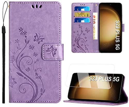 Anshow Lederhülle mit Samsung Galaxy S23 Plus 5G Hülle und Schutzfolie, Handyhülle für Samsung S23 Plus 5G, Flip Wallet Hülle Leder Tasche Schutzhülle, Helles Lila