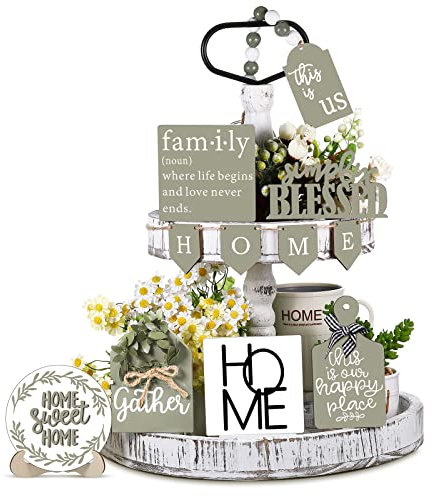 11 Pcs Farmhouse Tiered Tray Decor Set With Rustic Wooden Tray for Home Kitchen Table, Vintage Signs for Fall Halloween Xmas, Wooden Shelf Signs