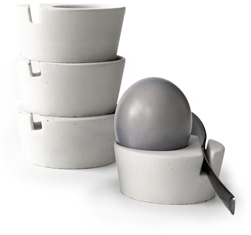 BETOLZ® Design Eierbecher 4er Set aus Beton/Eierbecher stapelbar/Egg Cups/Eierbecher design - minimalistisch & modern, für Jede Eiergröße - inkl. Löffelhalter