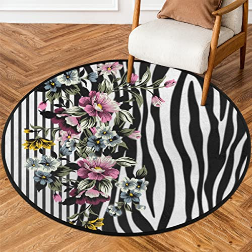 COTOT Blume Zebra Runde Teppiche Wohnzimmer, Zebra Bereich Teppich Waschbar Rutschfeste Bodenmatte Großer Teppich für Schlafzimmer 160cm