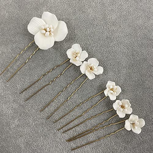 6 STÜCKE Weiße Keramik Blume Hochzeit Haarnadeln Frauen Schmuck Zubehör Handgemachte Kopfschmuck Tiara Ornament-Rose Goldene Farbe