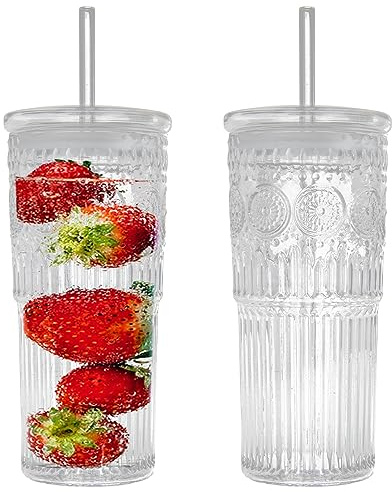 Bandesun All Glass Iced Coffee Cup With Lids and Straws,24 OZ High Borosilicate Glass Tumbler for Water Smoothie Juice Drinks