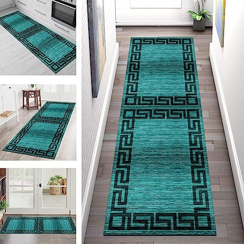 Teppich Läufer Flur rutschfest waschbar Teppichläufer Lang 40X60CM Türkis Kücheteppich Küchenläufer Meterware Korridor Tepiche Esszimmer Schlafzimmer Wohnzimmer Schmutzfangmatte Breit 40-120cm