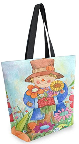 FJAUOQ Épouvantail d'automne avec fleurs et citrouilles - Sac fourre-tout extra large en toile avec poignée de rangement pour l'école, la gym, le week-end, l'été, la plage, les voyages, les courses,