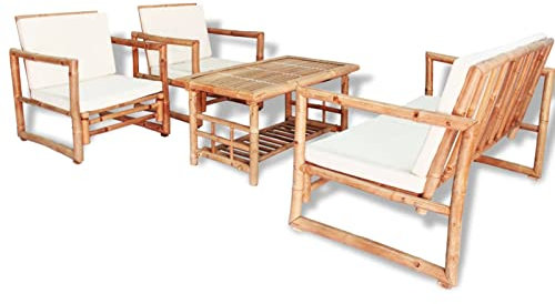 Homgoday Gartenmöbel 4-TLG. Garten-Lounge-Set mit Auflagen Garten Sitzgruppe Bank Stuhl Tisch Gartenset Sitzgruppe Sitzmöbel Gartenbank Beistelltisch Gartengarnitur Bambus