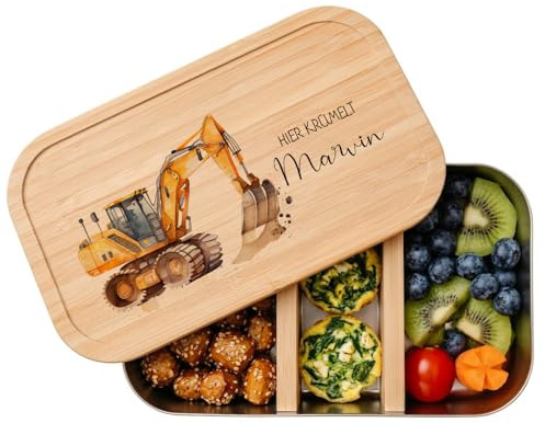 Manufaktur Liebevoll | Brotdose mit Namen für Kinder aus Edelstahl u. Bambus | Personalisiertes Geschenk u.nachhaltige Geschenkidee für Mädchen u. Jungen | Lunchbox (Motiv Bagger)