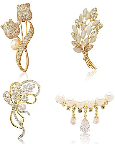 Brooches for Women, 4 PCS Rhinestone Brooch Pins Vintage Style Dress Pin Elegant Decorative Broches Scarves Shawl Clip Dress Hat Accessories gold
