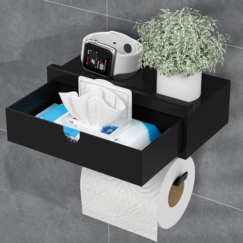 EXABANG Toilettenpapierhalter Bambus mit Feuchttücherbox, Klopapierhalter Klorollenhalter Toilet Paper Holder (Schwarz)