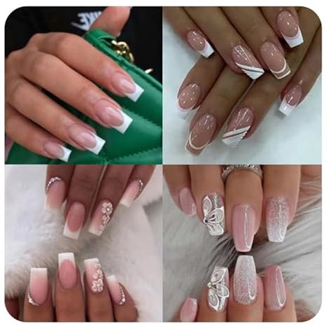 JUSTOTRY 4 Packs (96 Pcs) White Coffin False Nails Medium,Floral French Tip Press on Nails Pattern,Cheap and Classy Fake Nails,Stick on Ballarina Nails for Women Nails Art