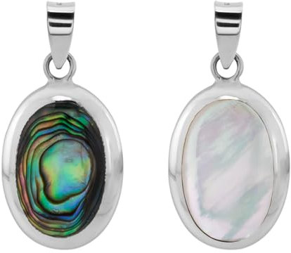 Pendentif en argent, réversible, pierre d'ormeau ovale avec dos de coquille de nacre, 12 mm x 20 mm, Métal, Perle