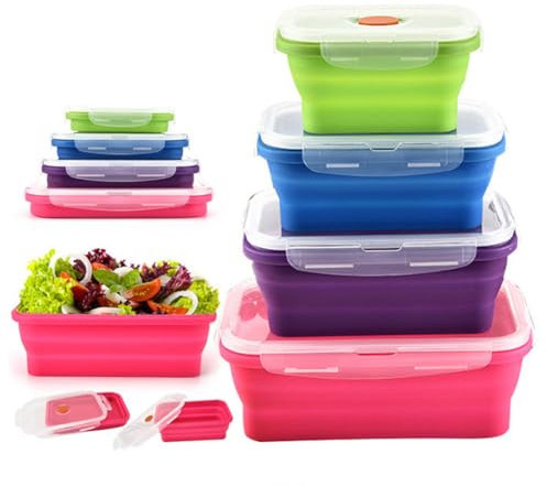 Contenitori Pieghevoli in Silicone 4 PCS Contenitori in Silicone Pieghevole per Alimenti Scatola Bento Pieghevole Pieghevole Cibo Contenitore per Microonde Forno Lunch Bento Box