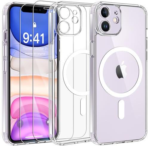 Qasyfanc Coque Magnétique pour iPhone 11 avec Protection Caméra et 2 Pièces Verre Trempé, Coque iPhone 11 Mince [Protection Militaire] Antichoc Dos Anti Rayures, Transparent